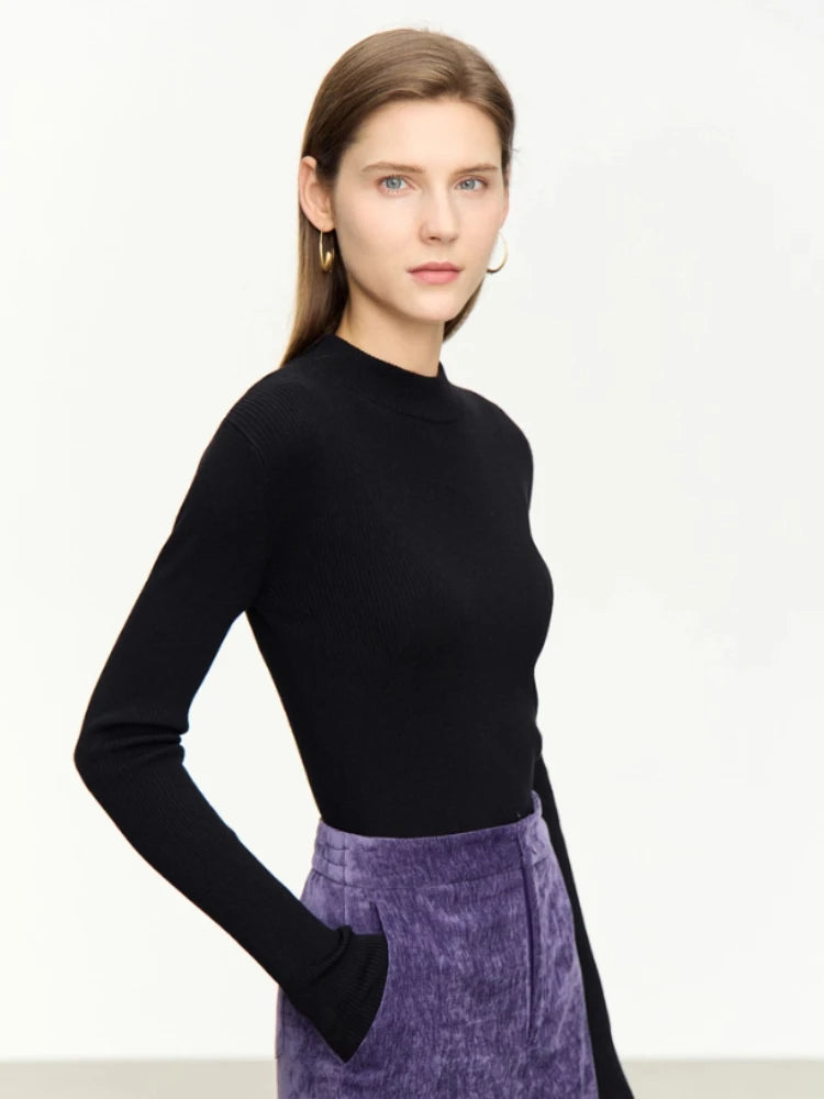 AMII Sweater for Women Minimalism Mock Neck 2026 Autumn New Slim Office Lady Knitted Tops Female Long Sleeve Pullovers 12313001