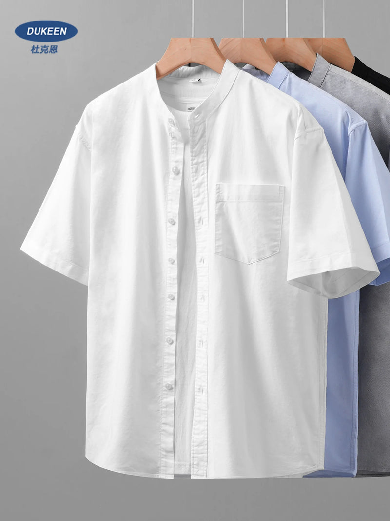 DUKEEN Short-Sleeve Oxford Shirts for Men 2024 Summer Casual Stand-Collar White Tops 100% Cotton Basic Men's Clothing