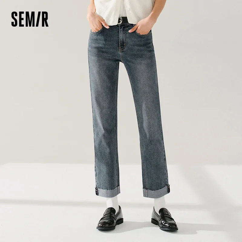 Semir Soft Jeans Women Raw Hem Straight Leg Egg Roll Pants Leg Slimming Trousers 2026 Spring Fashion Casual Bottoms