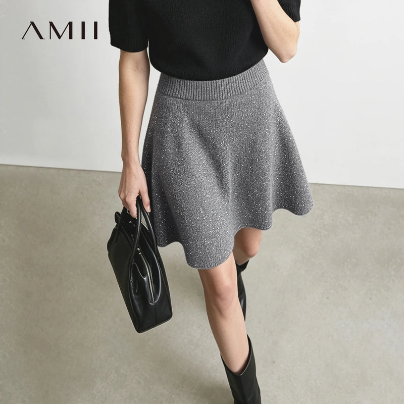 Amii Women's A-Line Skirt Elastic Waist Sequin Loose Fit Slimming Casual Commuter Knit Midi Skirt Autumn 2026 Bottoms 12623154