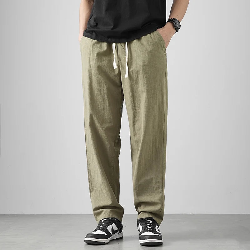 DUKEEN Breathable Linen Pants Men 2025 Summer Fashion Thin Ankle-Length Pants Elastic Waist Straight-Leg Men's Clothing