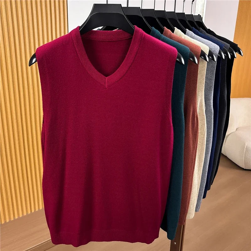 Fall Mens V Neck Knitted Waistcoat Sleeveless Sweater Vest Comfortable Knit Top For Business Daily Outfit Matching