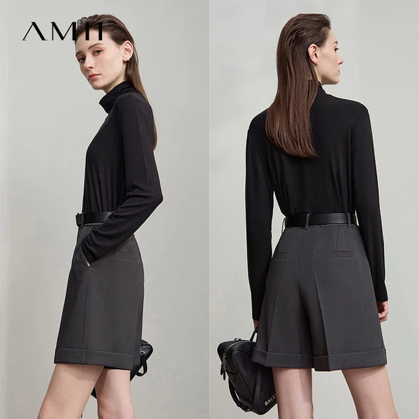 AMII 2026 New Arrival Autumn T-Shirt Pleated Heaps Collar Base Knit Tops Solid Long Sleeves Casual Slim Women Pullover 12523046