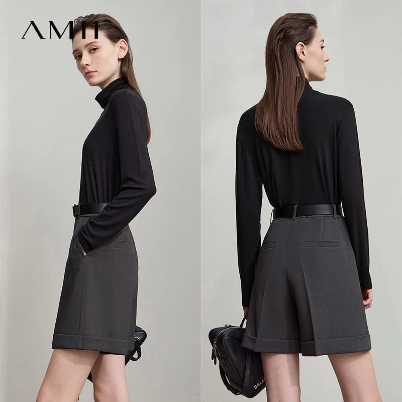 AMII 2026 New Arrival Autumn T-Shirt Pleated Heaps Collar Base Knit Tops Solid Long Sleeves Casual Slim Women Pullover 12523046