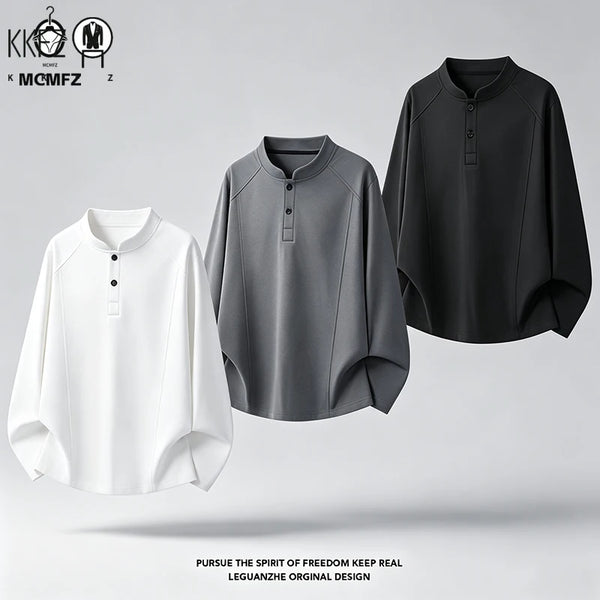 Mens Casual Loose Long Sleeve Henley Top Mandarin Stand Collar Raglan Seam Breathable Fabric Daily Wear