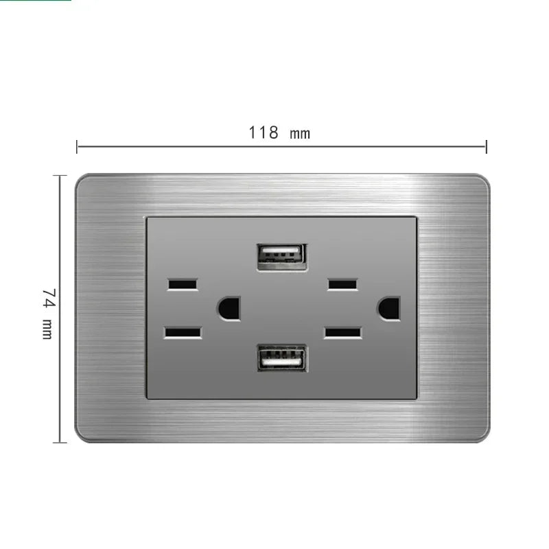 American Standard Wall Light Switch Power Socket Universal Plug with usb US Stainless Steel 2way Socket Panel 118*74m Computer