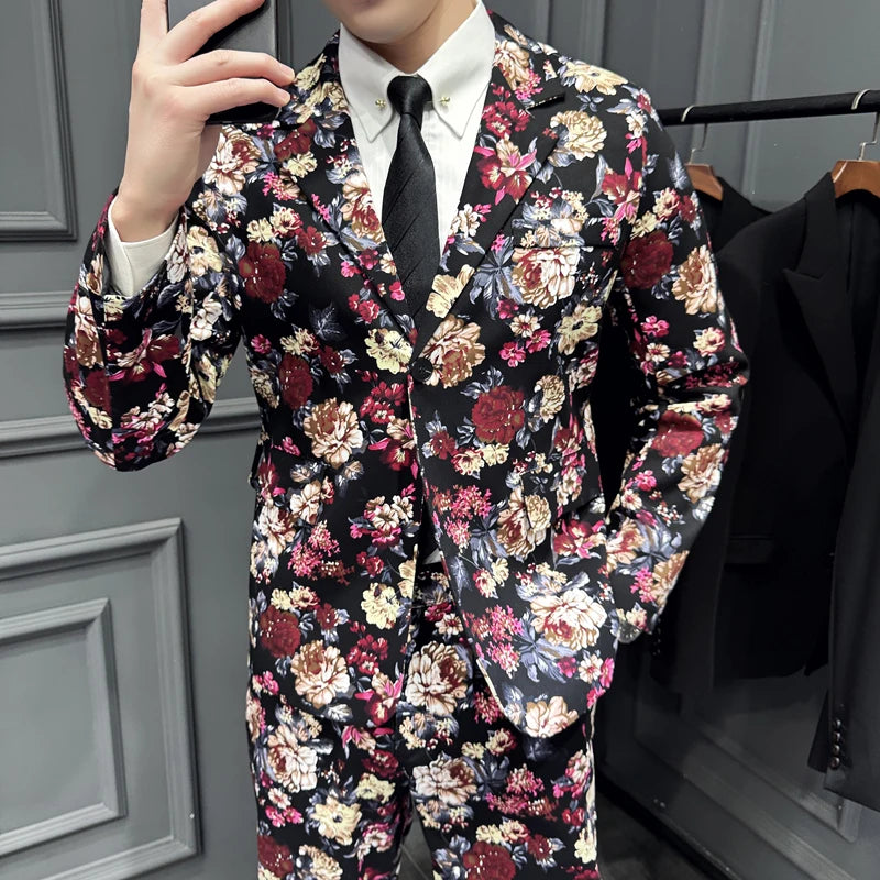 2026 New Men's Blue Printed 2-Piece Suit, Red Single Button V-Collar Cotton Jacket with Trousers.