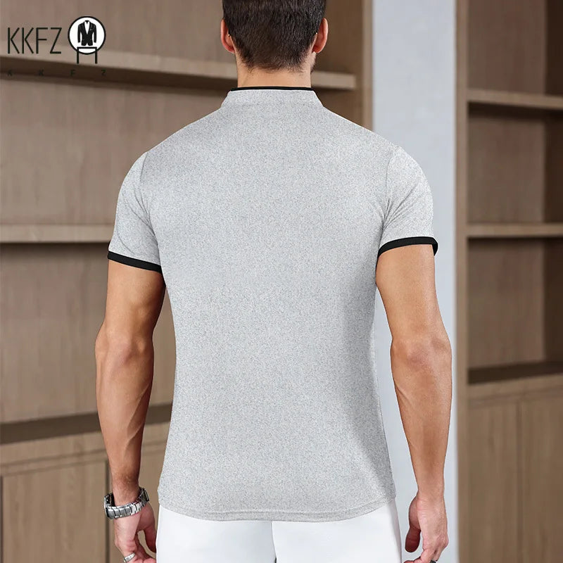 2025 New Men's Casual and Fashionable Solid Color Short Sleeved Stand Up Collar T-shirt Summer Versatile and Comfortable Top