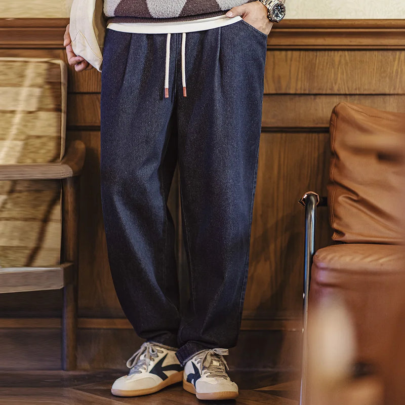 ខោខូវប៊យ Maden Casual 10oz Jogger Denim ជាមួយនឹងខ្សែចងចង្កេះយឺតសម្រាប់ខោបុរសនិទាឃរដូវ និងរដូវស្លឹកឈើជ្រុះ