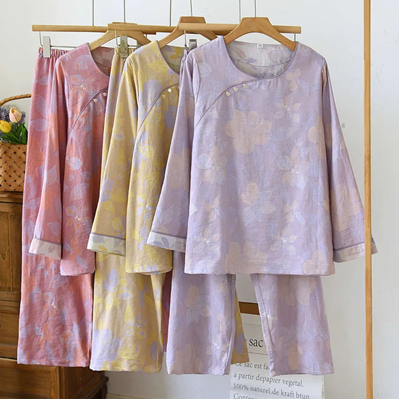 ឈុត Pijama បែប Vintage សម្រាប់រដូវផ្ការីករដូវស្លឹកឈើជ្រុះ ឈុតគេងសម្រាប់នារី ធម្មតា បោះពុម្ព 100% កប្បាស ដៃវែង គេងសម្រាប់នារី ឈុតគេងពេលយប់