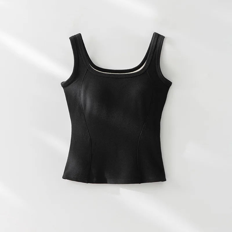 One Piece Pajamas Women Comfortable Splicing Thermal Vest Chest Pad Seamless Sleepwear Top Cotton Autumn Winter Base Shirt