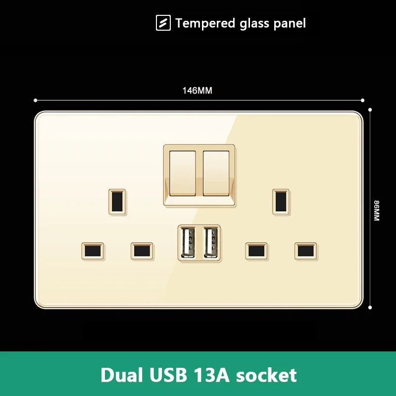 UK 13A Wall Socket with Type-C 18W Fast Charging Plug Socket,Glass Panel Power Double Universal Outlet with Quick USB C charge