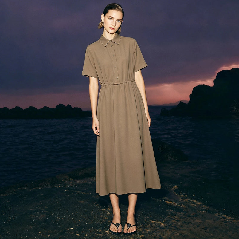 Amii Women's Dress 2026 Summer New Lapel Collar Half Placket Drawstring Short Sleeve Casual A-Line Midi Dress For Women 12642158