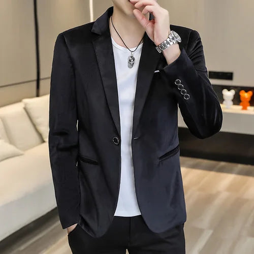 2026 Men's Red Slim Suit Jacket, Long Sleeve Single Button Dress Coat, Asian Size Teenagers Blazers Blue Green Black Male Tops