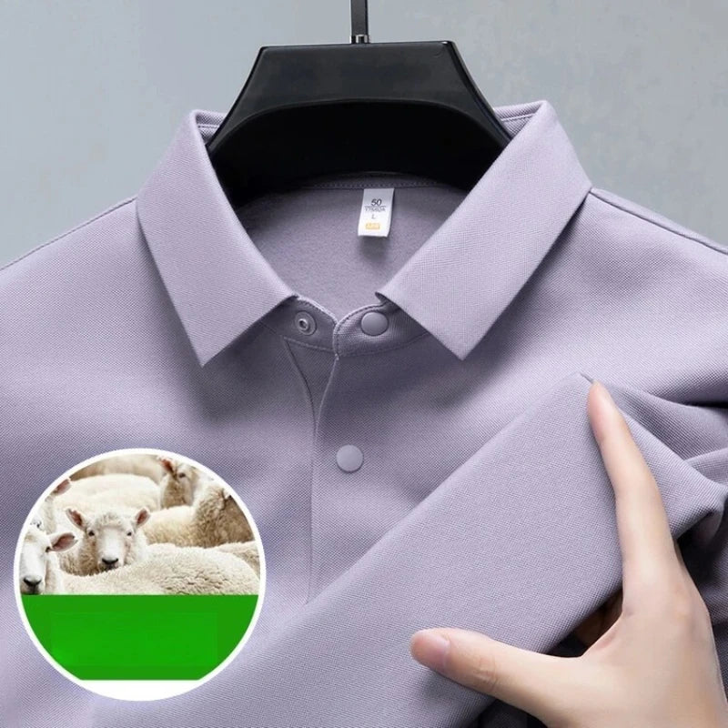 Premium Silk & Wool Blend Polo Shirt - Soft Winter Fleece Lining Luxury Business Casual Wear