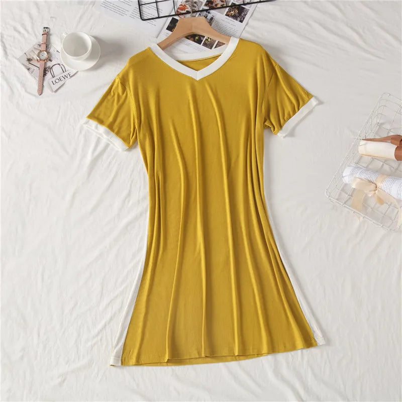 INS Short Sleeved Nightgowns For Women Summer Nightshirt Modal Knee Length Dress Loose V-Neck Casual Home Wear Nightdress