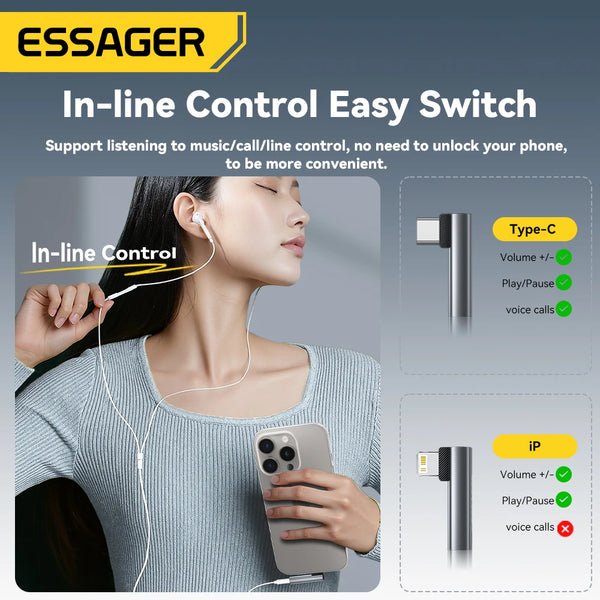 Essager L-shape Type-C to 3.5mm Jack Audio Adapter for iPhone 16 15 Samsung Lighting to 3.5mm Headphone Adapter for iPhone 14 1