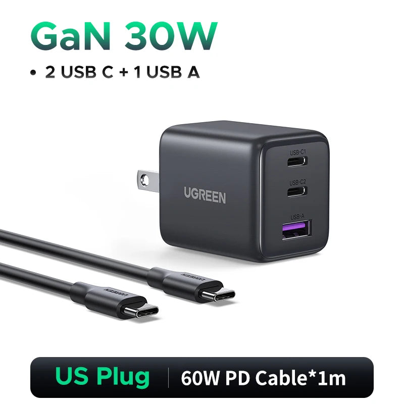 UGREEN 30W GaN Charger 3 Ports PD 3.0 USB C Charger For iPhone 18 17 16 Pro Samsung S25 Xiaomi Tablet iPad Air Pro Phone Charger