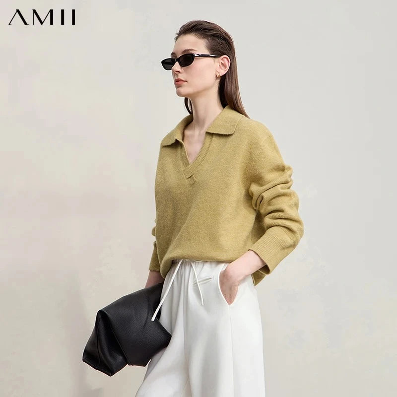 AMII Women's Minimalist Autumn Sweater 2026 New Solid Loose Commuter V-neck Pullover Long Sleeve Tops Female Clothing 12544108
