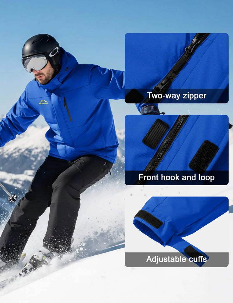 TACVASEN Mens Ski Jacket Waterproof Fleece Parka Coat Detached Hood Windproof Placket Outdoor Coat Winter Warm 5 Pocket RainCoat