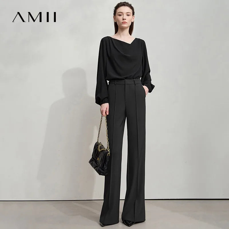ខោ AMII Minimalist សម្រាប់ស្ត្រីធម្មតាឆ្នាំ ២០២៥ ម៉ូដរដូវស្លឹកឈើជ្រុះ ខោជើងធំពណ៌ខ្មៅប្រឆាំងនឹងស្នាមជ្រួញ ខោរលុង សម្លៀកបំពាក់ស្ត្រី 12523100