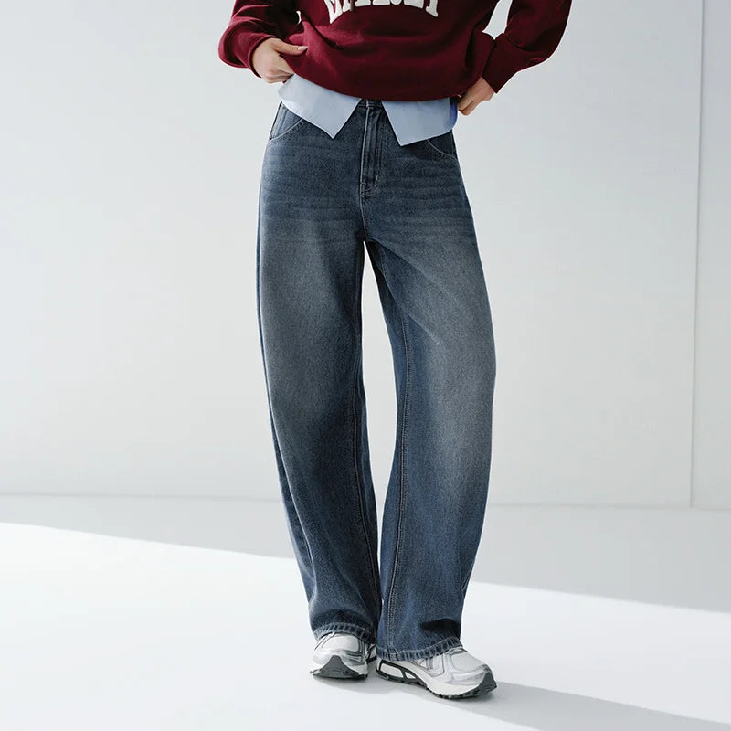 Semir Vintage Jeans Women 2026 Spring Distressed Loose Curved Blade Lyocell Blend Casual Retro Long Trousers