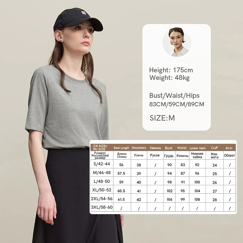 Amii Women T-shirt 2026 Summer New Round Neck Cotton Mid Sleeve Tee Basic Straight Fit Gray Casual Versatile Ladies Top 12622194