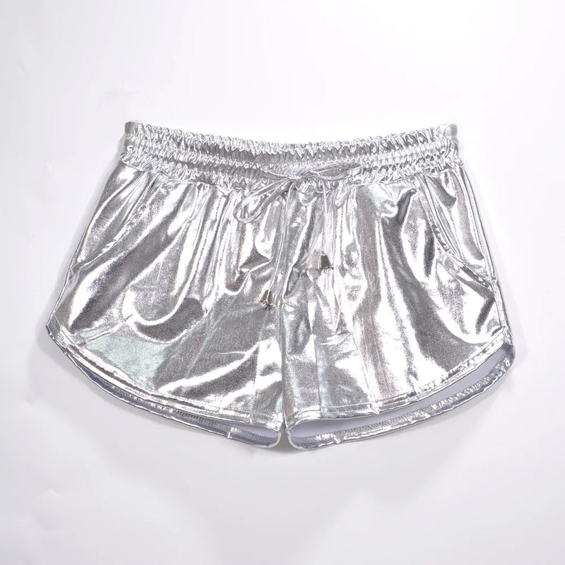 2026 Spring New Women's Silver Elastic Drawstring PU Shorts Stylish and Sexy Mini Shorts Available in Gold,Green,Black,Pink.