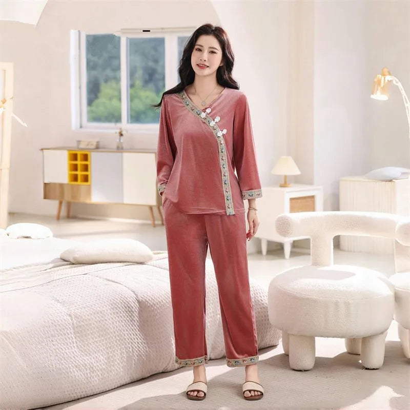 Gold Velvet Pajama Sets Women Chic Sleepwear Retro French Style Elegant Feminine Autumn Winter Cozy Home Wear Night Suit XL-6XL