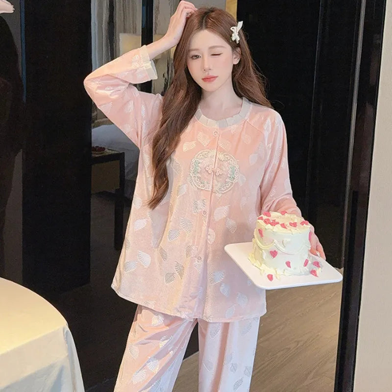 High-end Gold Silk Velvet Sleepwear For Women Spring Autumn Home Clothes Long Sleeves Outdoor Wear Suit For Winter Pajamas Set