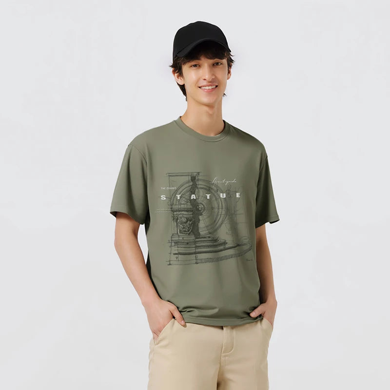 Semir Mens Tshirt 2026 Retro American Printed Knitted Slightly Loose Crew Neck Casual Fashion Soft