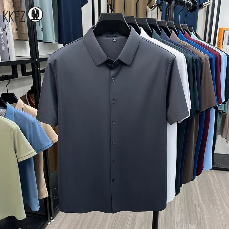 Men Short Sleeve Button Up Shirt Casual Ice Silk Business Formal Shirt Breathable Wrinkle Free Summer Top