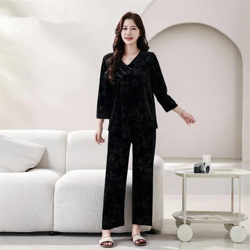 XL-6XL Plus Size Sleepwear For Sleeping Set New Gold Velvet Women's Pajamas Spring Autumn Printed Home Clothes Lounge Pijama