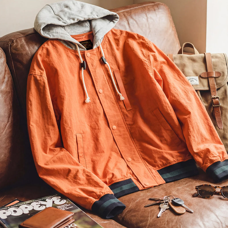 Maden Men's Retro Patchwork Color-Block Hooded Flight Jacket Orange Bomber Jacket Casual Zip-Up Lightweight Spring Fall Outwear