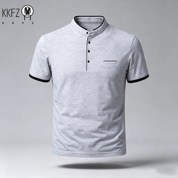 Men Regular Fit Short Sleeve Polo Shirt Stand Collar Chest Pocket For Office Business Look And City Street Daily Wear