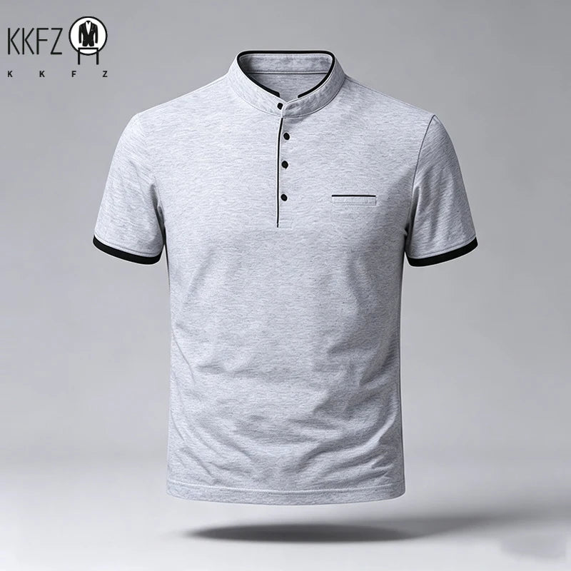 Men Regular Fit Short Sleeve Polo Shirt Stand Collar Chest Pocket For Office Business Look And City Street Daily Wear