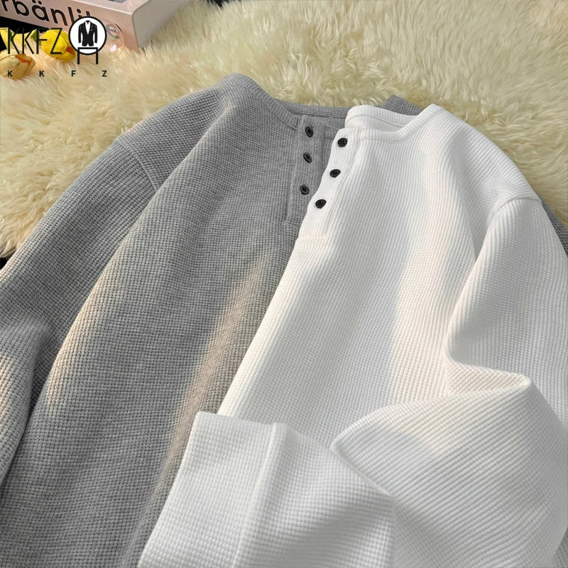Breathable Waffle Henley Pullover Men Long Sleeve Round Neck Three Button Placket Versatile Everyday Streetwear Garment