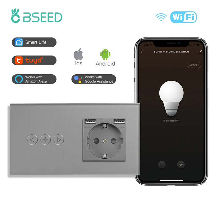 BSEED Wifi Dimmer Switch Smart Dimmable Touch Switch With EU Socket Glass Panel Support Tuya Smart Life Google Home Control