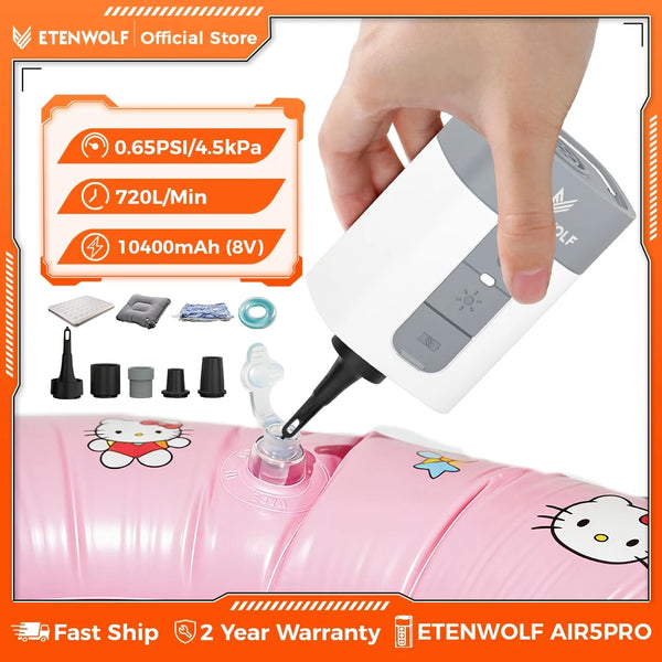 ស្នប់ខ្យល់ចល័ត ETENWOLF AIR 5 PRO ថ្មី 10400 mAh ឧបករណ៍បំប៉ោង និង ឧបករណ៍បន្ថយសម្ពាធ 720 LPM 4X ស្នប់ខ្យល់អគ្គិសនីរហ័សសម្រាប់អណ្តែតទឹកក្នុងអាង