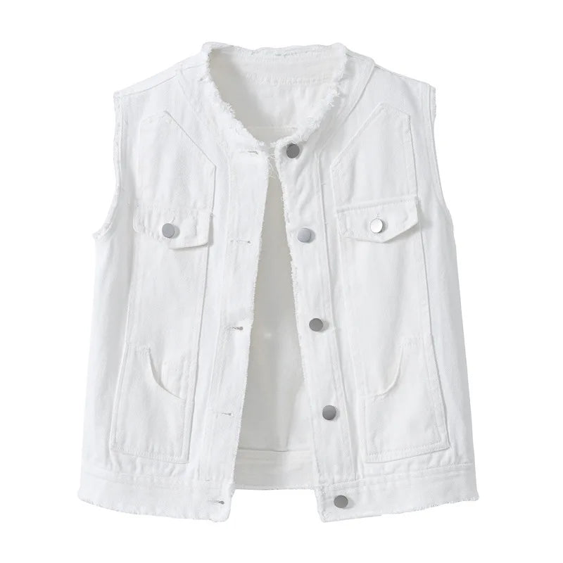 2026 Women's Pink Sleeveless Vest Jacket, Single Breasted Reason Denim Jacket, Asian Size, White Green Orange Yellow Available