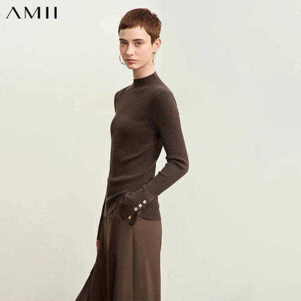 Amii Women's 2026 Autumn Slim Fit Knit Sweater Mock Neck Slit Cuffs Metal Buckle Detail Vintage Style Bottoming Top 12443252