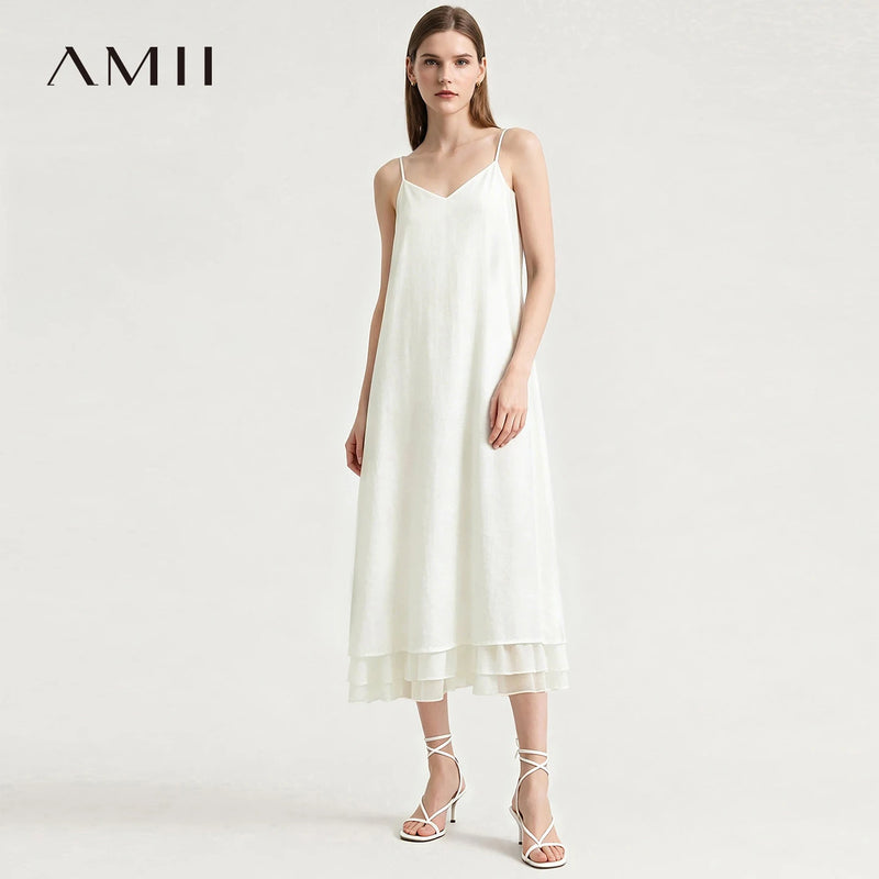 Amii Slip Women's Dress 2026 Summer New V Neck Straight Casual Color Block Chiffon Spaghetti Strap Midi Dress For Women 12622101
