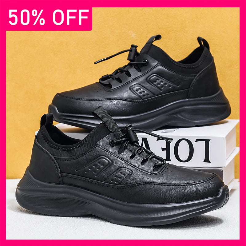 Men Sneakers Fashion Lace Up Wear-resistant High-quality Leather Sneakers Spring Thick Soled Non Slip Casual Shoes Large Size