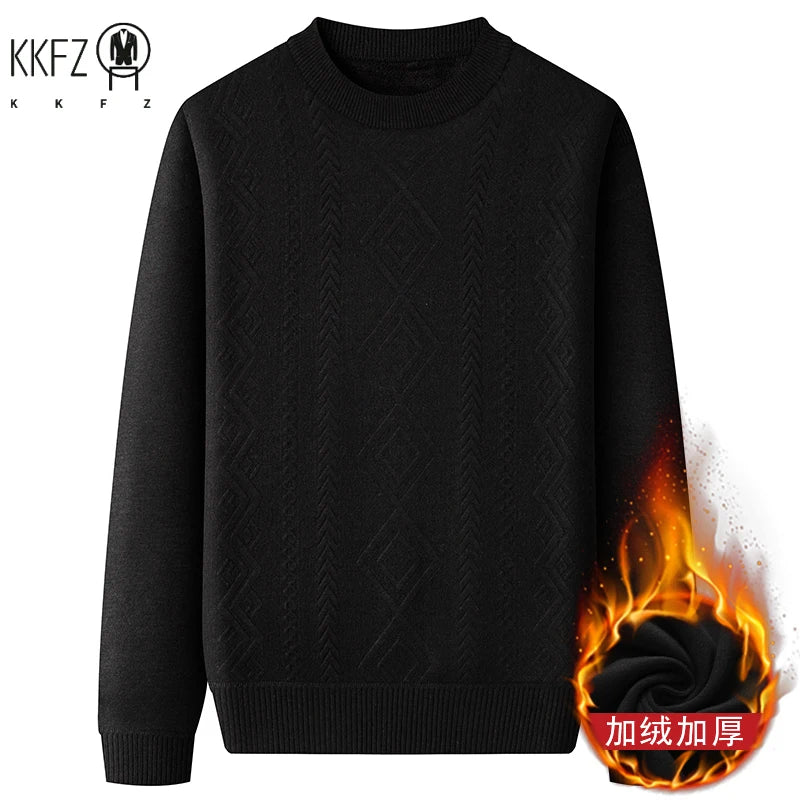 Thick Thermal Crew Neck Pullover Men Vertical Geometric Diamond Pattern Soft Fleece Lining Weekend Outing Knitwear