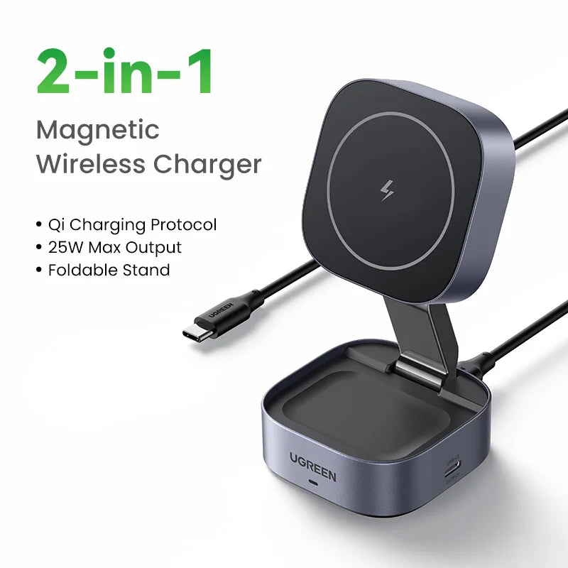 UGREEN Qi2 15W Magnetic Wireless Charger Stand 2-in-1 Charging Stand For iPhone 16 17 Pro Max/AirPods For MagSafe Fast Charger