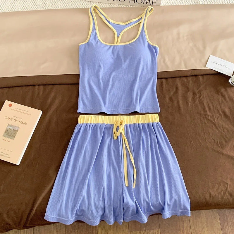 2 Piece Sleeveless Tops and Shorts Lounge Sets Chest Pad Women's Pajama Set Summer Home Clothing Pijama Sleepwear Suit Homewear