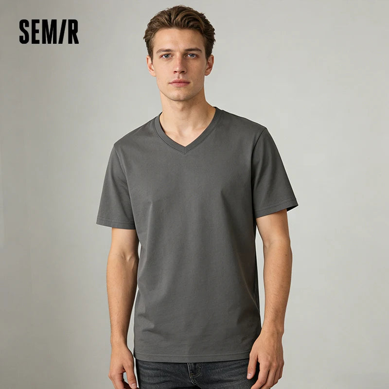 Semir Men T Shirts 2026 Summer New Basic Solid V Neck 3A Antibacterial Comfortable Casual Tops