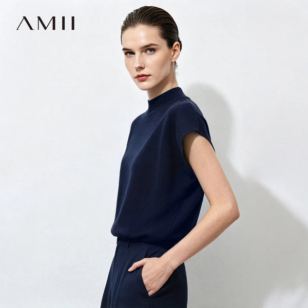 Amii 2026 Summer New Women Mock Neck Knit Pullover Soild Cropped Short Sleeves Top Slim Fit Casual Elegant Sweater 12622210