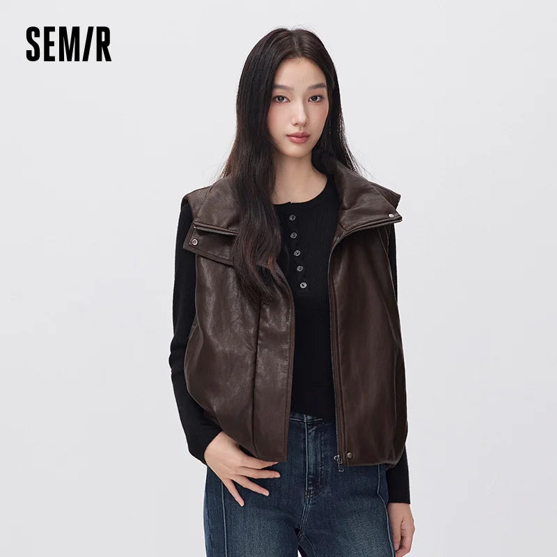 Semir Women Padded Vest Faux Leather Stand Collar Loose Fit Balloon Shape Street Style 2026 New Winter Daily Wear