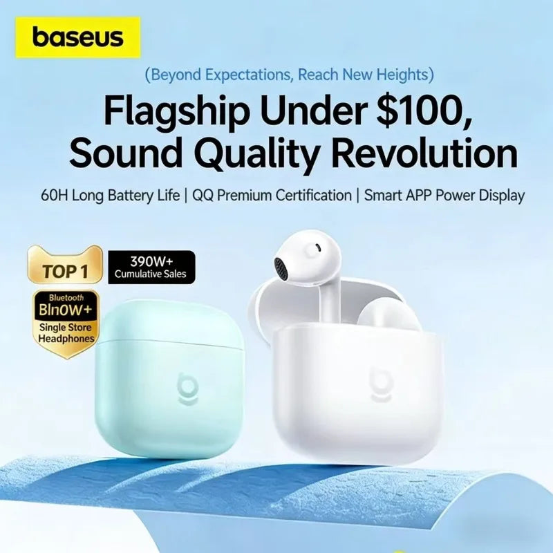 កាសស្តាប់ត្រចៀកប៊្លូធូស BASEUS W04 ជាមួយនឹងការកាត់បន្ថយសំឡេងរំខានពាក់កណ្តាលក្នុងត្រចៀកឥតខ្សែសម្រាប់កីឡា និងអាយុកាលថ្មយូរបំផុត ភាពយឺតយ៉ាវទាប